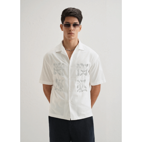 White Embroidery Cuban Collar Cotton Shirt White Embroidery Cuban Collar Cotton Shirt