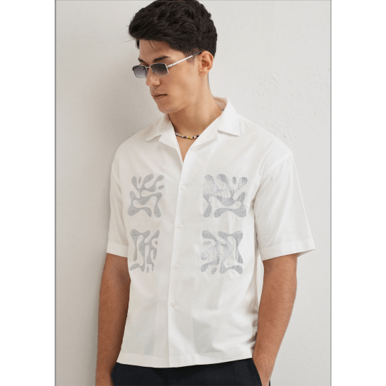 White Embroidery Cuban Collar Cotton Shirt White Embroidery Cuban Collar Cotton Shirt