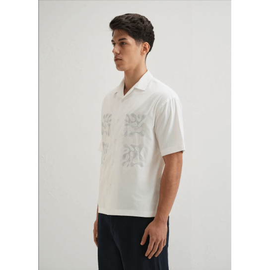 White Embroidery Cuban Collar Cotton Shirt White Embroidery Cuban Collar Cotton Shirt