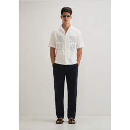 White Embroidery Cuban Collar Cotton Shirt
