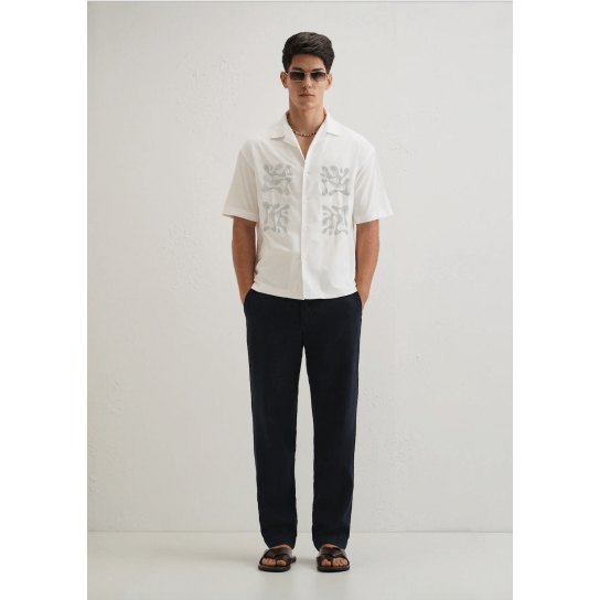 White Embroidery Cuban Collar Cotton Shirt White Embroidery Cuban Collar Cotton Shirt