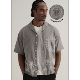 Warm Grey Embroidery Cuban Collar Shirt