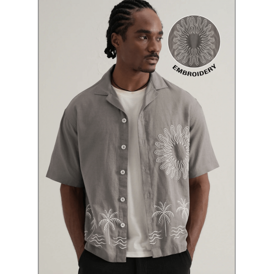 Warm Grey Embroidery Cuban Collar Shirt Warm Grey Embroidery Cuban Collar Shirt