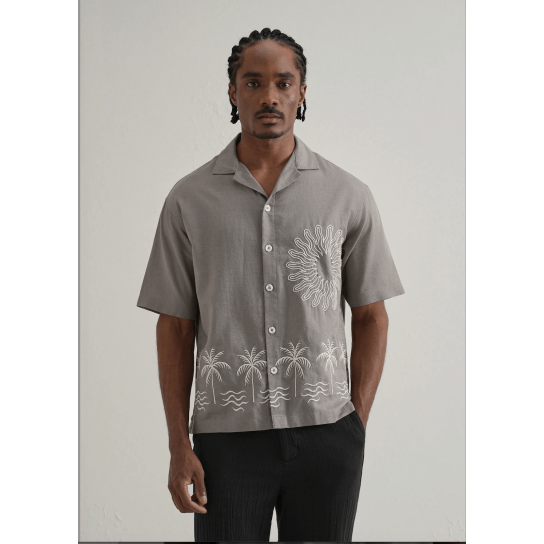 Warm Grey Embroidery Cuban Collar Shirt Warm Grey Embroidery Cuban Collar Shirt