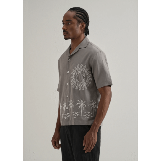 Warm Grey Embroidery Cuban Collar Shirt Warm Grey Embroidery Cuban Collar Shirt