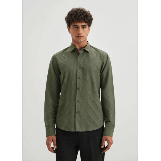 Olive Green Diamond Self Pattern Shirt Olive Green Diamond Self Pattern Shirt