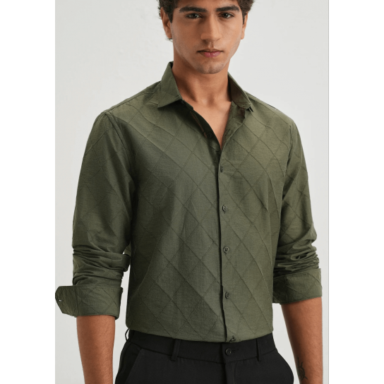 Olive Green Diamond Self Pattern Shirt Olive Green Diamond Self Pattern Shirt