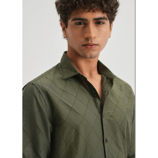 Olive Green Diamond Self Pattern Shirt Olive Green Diamond Self Pattern Shirt