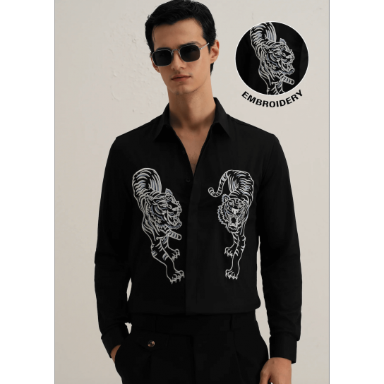 Black Tiger Embroidered Designer Shirt Black Tiger Embroidered Designer Shirt
