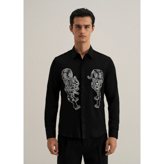 Black Tiger Embroidered Designer Shirt Black Tiger Embroidered Designer Shirt