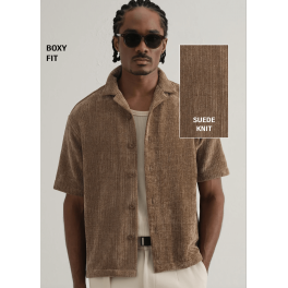 Brown Suede Knit Cuban Collar Shirt