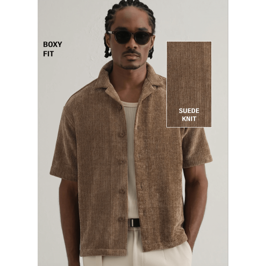 Brown Suede Knit Cuban Collar Shirt