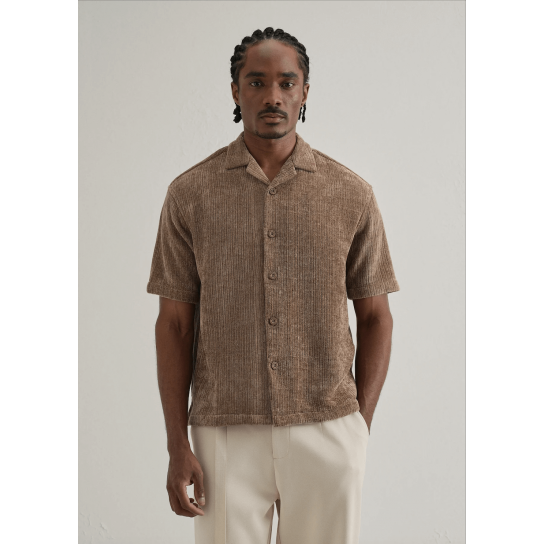 Brown Suede Knit Cuban Collar Shirt Brown Suede Knit Cuban Collar Shirt