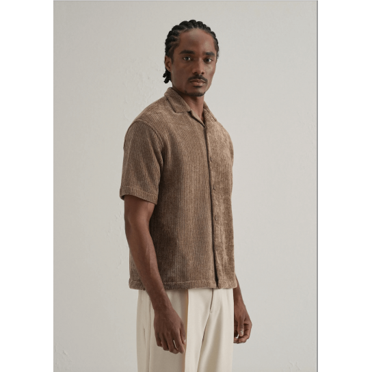 Brown Suede Knit Cuban Collar Shirt Brown Suede Knit Cuban Collar Shirt