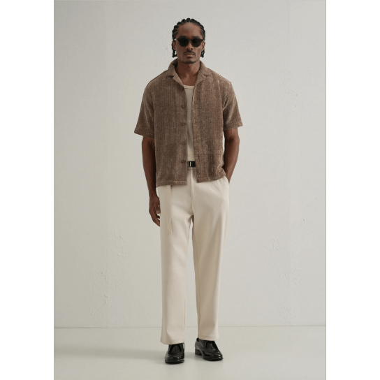 Brown Suede Knit Cuban Collar Shirt Brown Suede Knit Cuban Collar Shirt