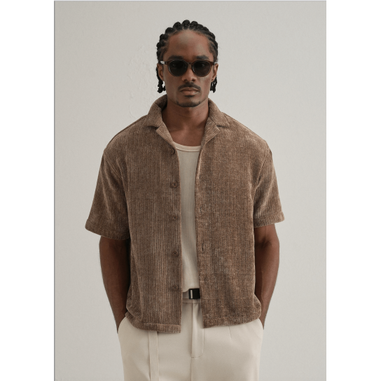 Brown Suede Knit Cuban Collar Shirt Brown Suede Knit Cuban Collar Shirt