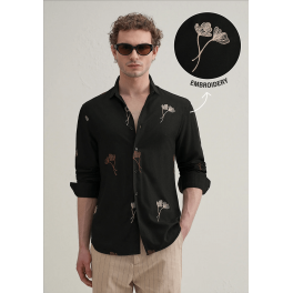 Black Floral Motif Embroidery Shirt