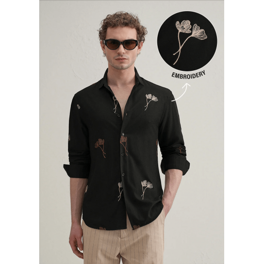 Black Floral Motif Embroidery Shirt Black Floral Motif Embroidery Shirt