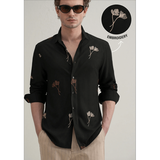 Black Floral Motif Embroidery Shirt Black Floral Motif Embroidery Shirt