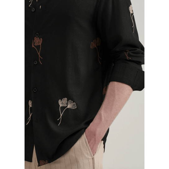 Black Floral Motif Embroidery Shirt Black Floral Motif Embroidery Shirt