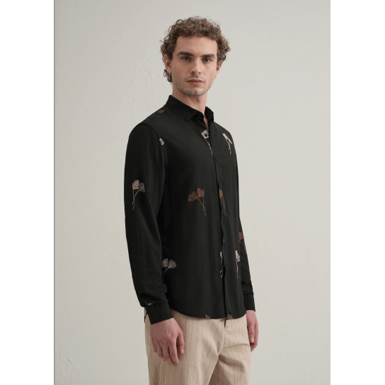 Black Floral Motif Embroidery Shirt Black Floral Motif Embroidery Shirt
