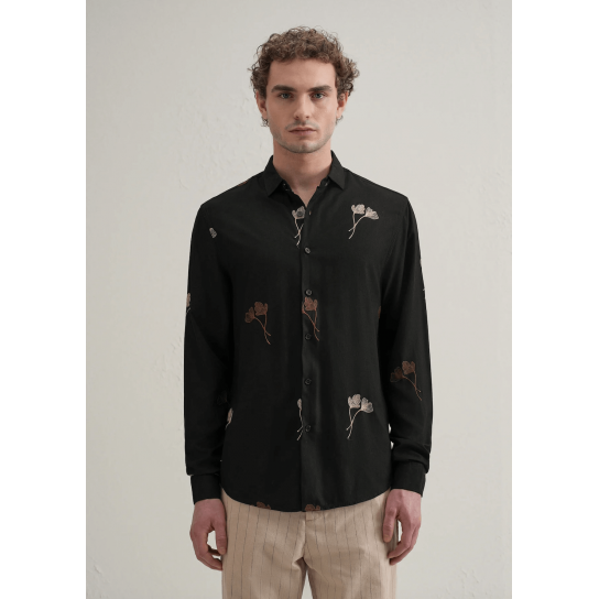 Black Floral Motif Embroidery Shirt Black Floral Motif Embroidery Shirt