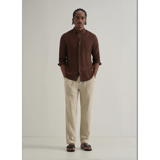 Dark Beige Crinkled Cotton Trouser